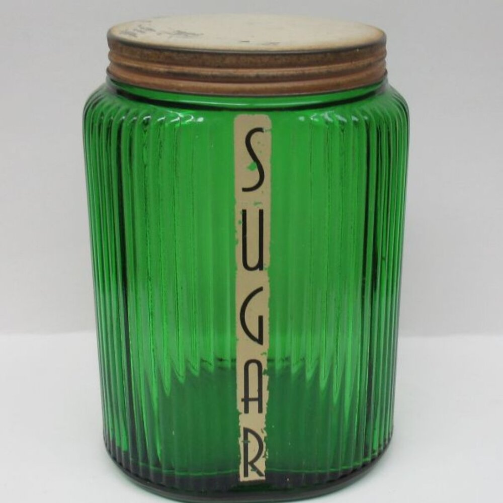 Owens Illinois Vintage Forest Green OVID 8 Inch High SUGAR Canister, Orig. Label
